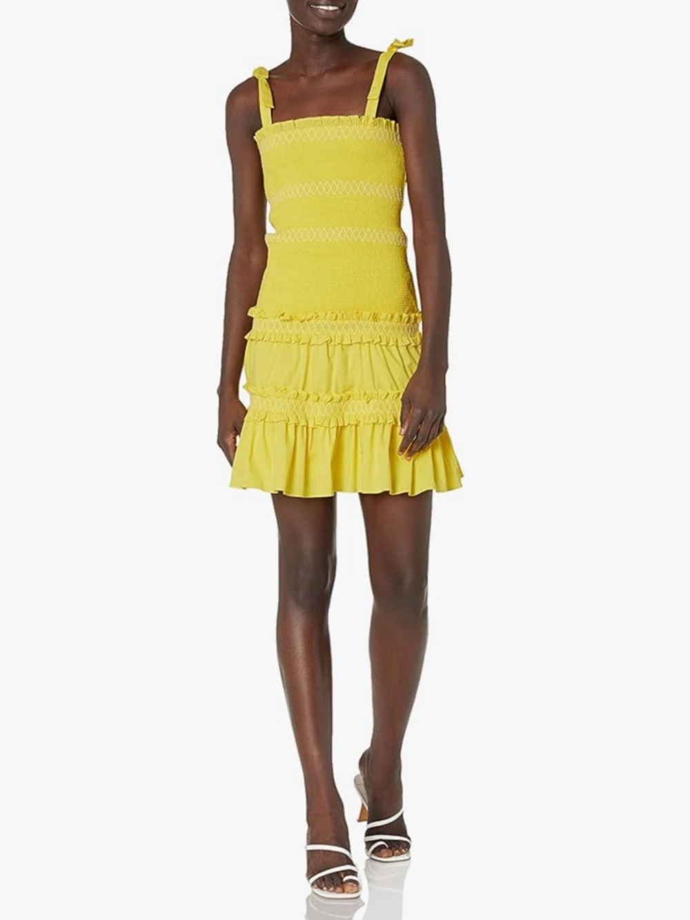 LIKELY Yellow Smocked Ruffle Tiered Pleated A-Line Skirt Tie Shoulder Mini Dress